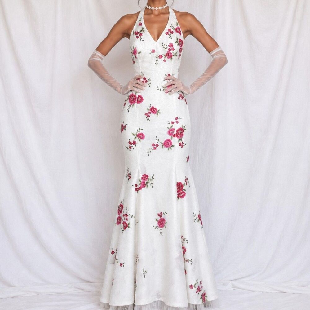 Vintage Y2K White Pink Floral Beaded Halter Tulle Lined Maxi Prom Dress Size M